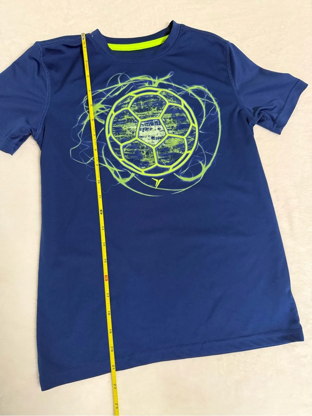 Cat & Jack Navy Blue Tee with Neon Green Soccer Graphic Youth Medium Performance